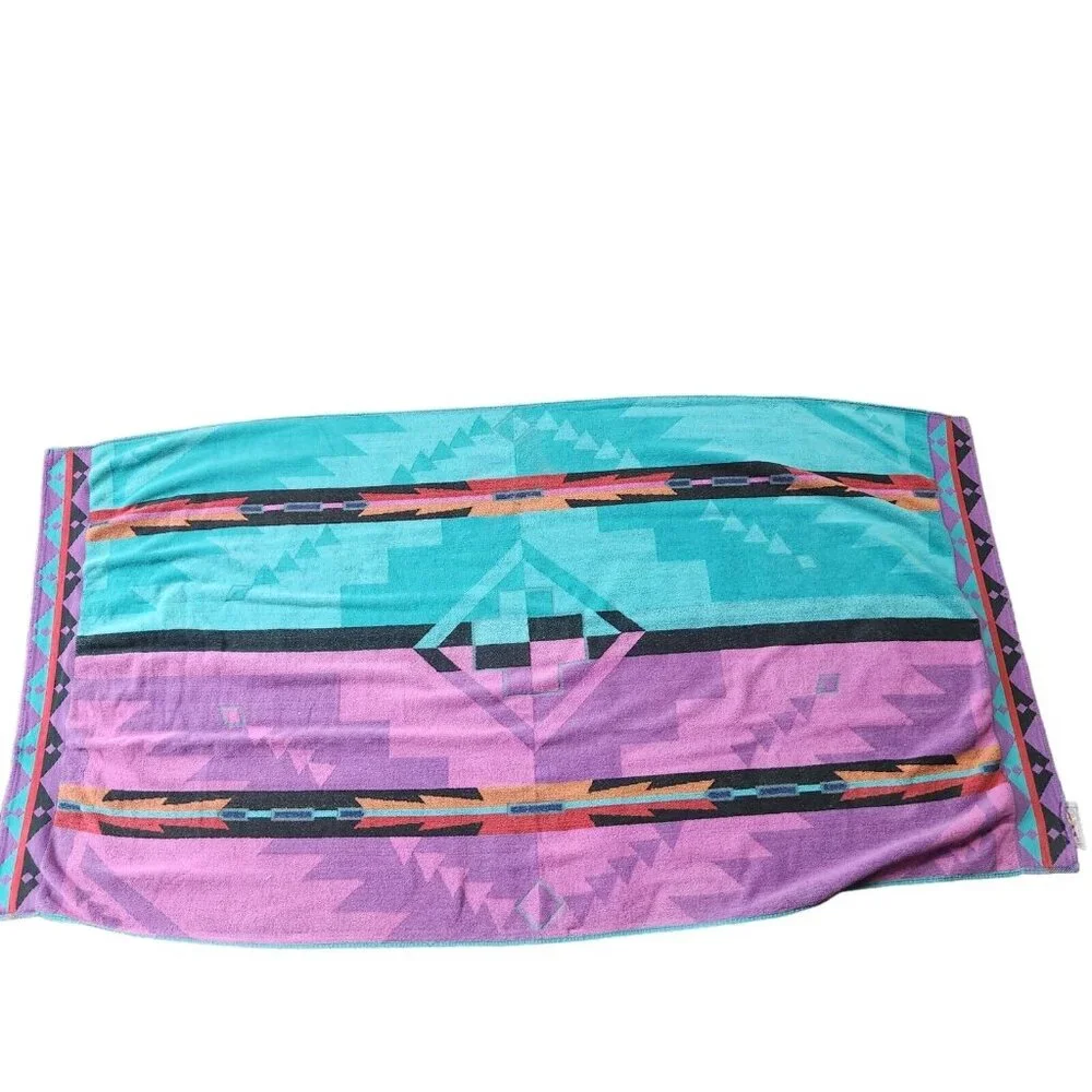 Vintage 80’s Royal Terry Beach Bath Towel Southwest Tribal Turquoise Teal